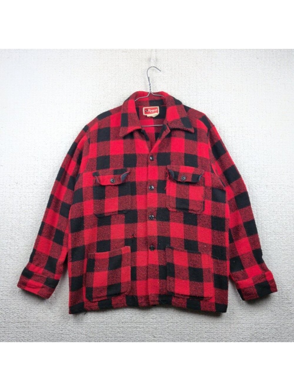 Vintage 60's Regent Wool Blend Jacket Sz L Red Buffalo Plaid Heavy Flannel Read